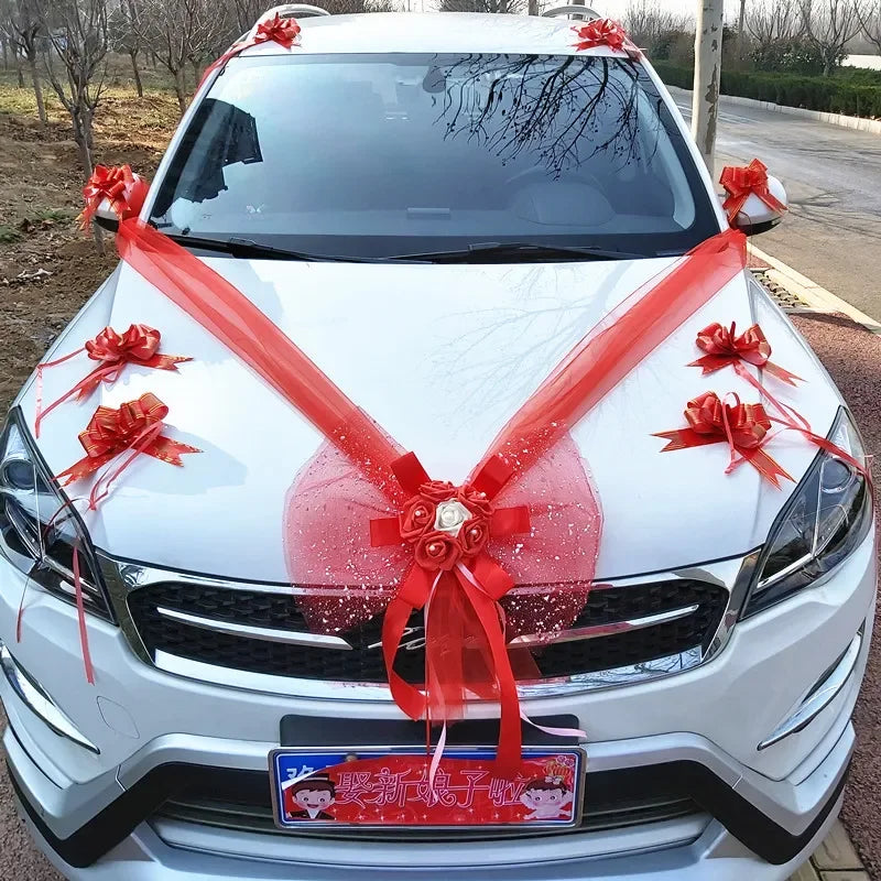 Wedding Car Decoration Flower Set Cover Door Handle Ribbons Silk Flower Garland With Tulle Rose Accessory Wed Decor2023