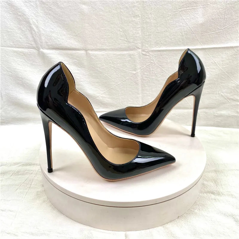 Elegant Glossy Black Curl Cut Women Pointy Toe 12cm High Heel Shoes Sexy V Cut Lady Party Wedding Stiletto Pumps Size 45