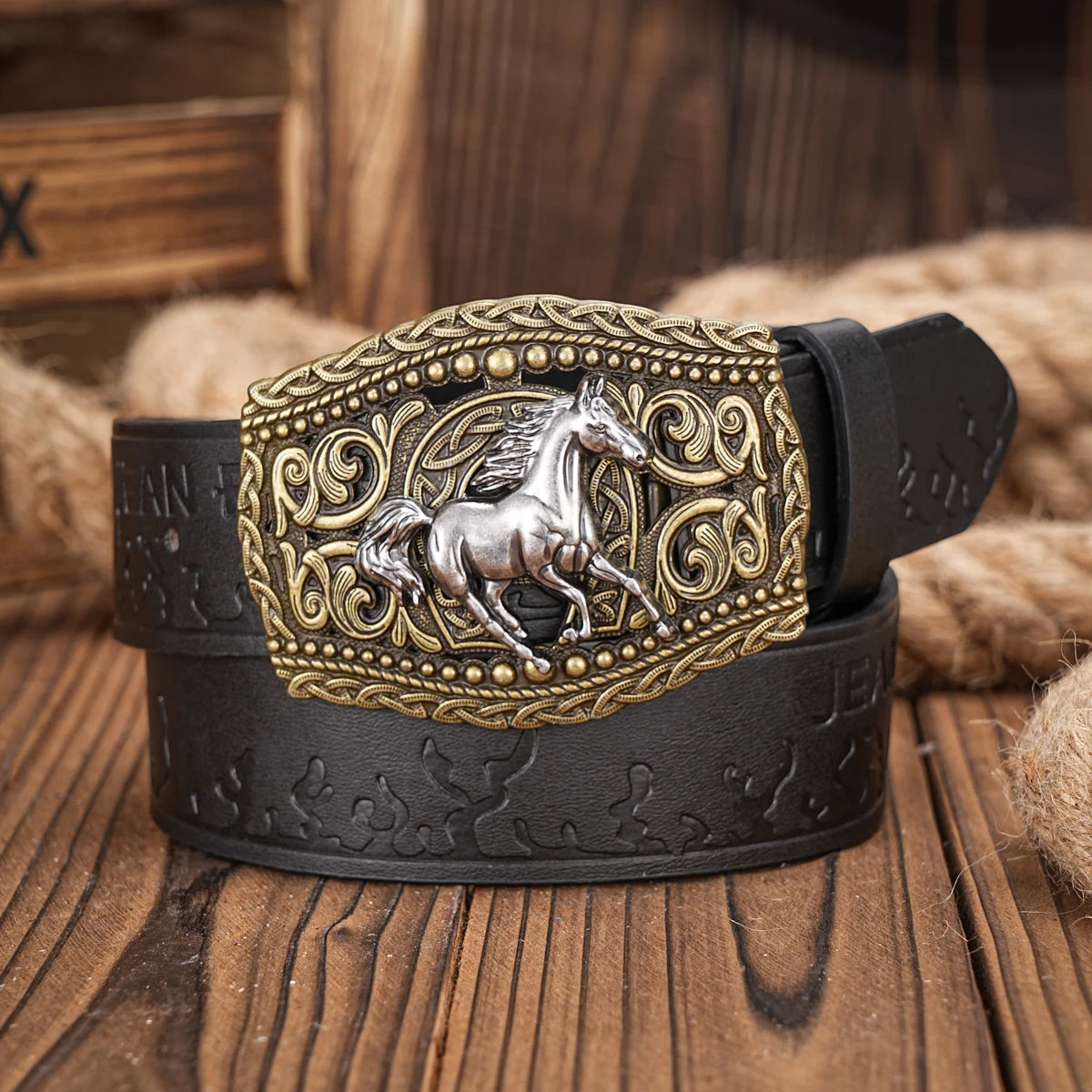 Western Cowboy PU Leather Belt - Men Waist Strap Bull Decoration Floral Engraved for Jeans