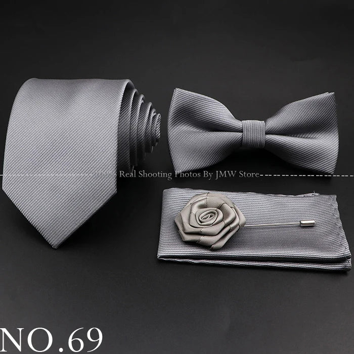 Hot Sale Red Blue Tie Set Polyester Slim Striped Necktie Bowtie Cufflink Brooch For Groom Suit Wedding Cravat Shirt Accessory