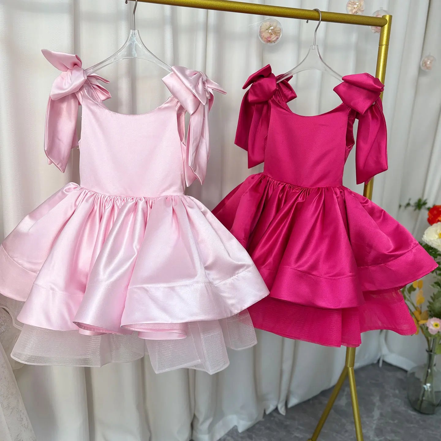 Jill Wish Elegant Satin Fuchsia Girl Dress Off-Shoulder White Princess Birthday Wedding Party Children Holy Coummunion Gown J159