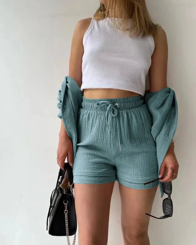 Short Sets Women Tracksuit Single Breasted Cardigan Blouses Two Pieces Shorts Loose Button High Street Solid Pockets Folds
