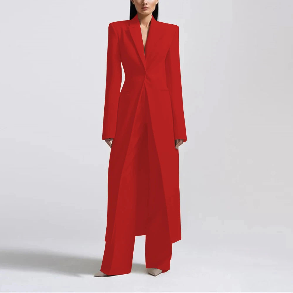 Fashion Beige Women's Blazer PantsSuit Peak Lapel Long Coat Wedding Formal Suits Office Lady Jacket Pant 2 Piece