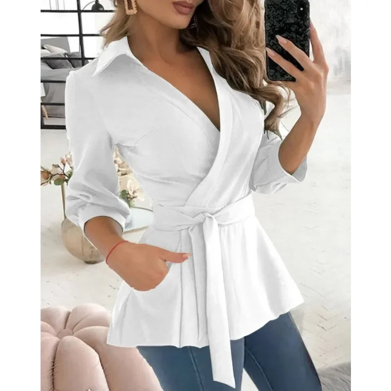 Plus Size Women's Spring/Summer Commuter Elegant Long Shirt Fashion Printed Shirt Long Sleeved Solid Color Lapel Belt Shirt
