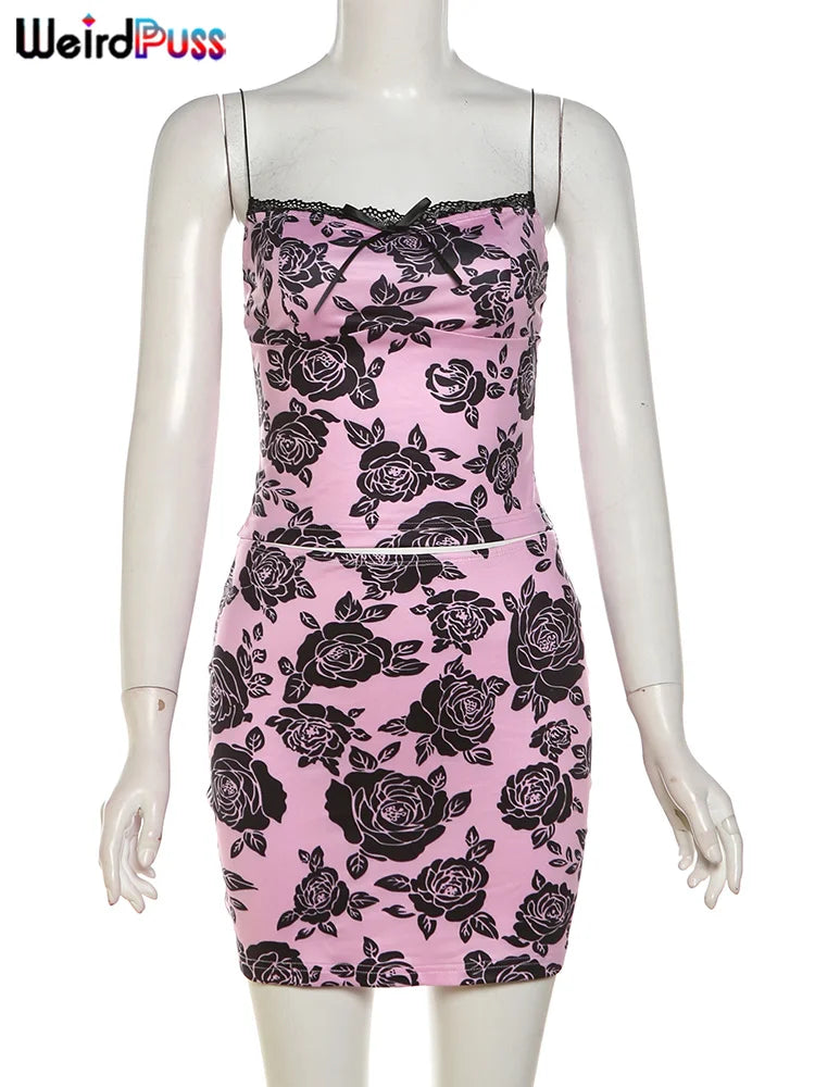 Weird Puss Flower Print Women 2 Piece Set Elegant Summer Trend Lace Bow Camisole+Peach Hip Skirts Matching Streetwear Outfits