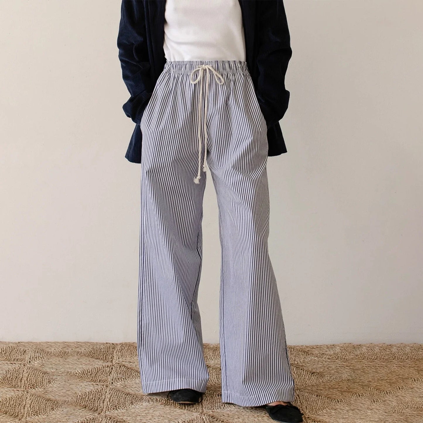 Combhasaki Women Y2K Aesthetic Wide-Leg Pants Stripe Drawstring High Elastic Waist Trousers Spring Fall Retro Sweatpants Bottoms