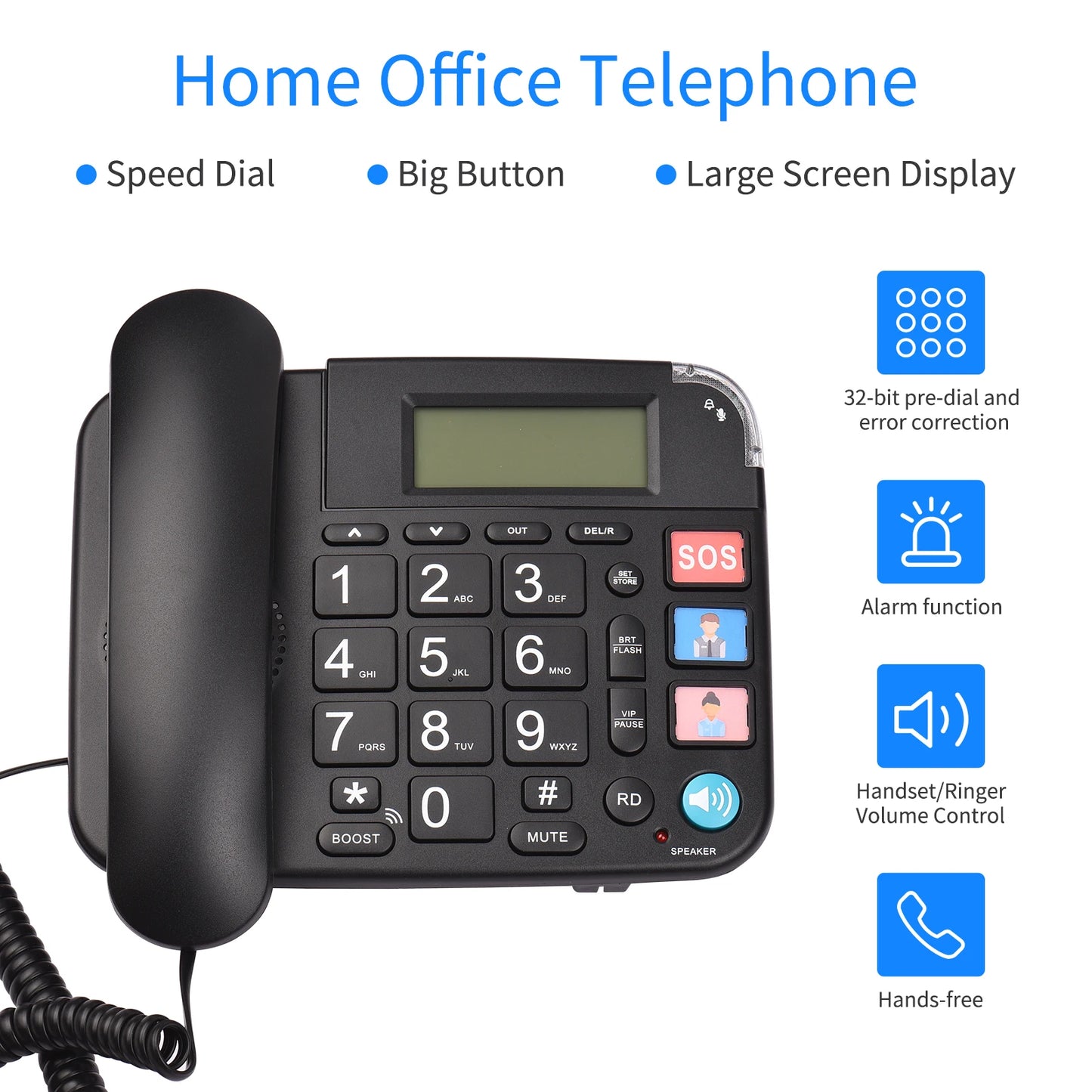 Black Corded Phone with Big Button Desk Landline Phone Telephone Support Hands-Free/Redial/Flash/Speed Dial/Ring Volume Control