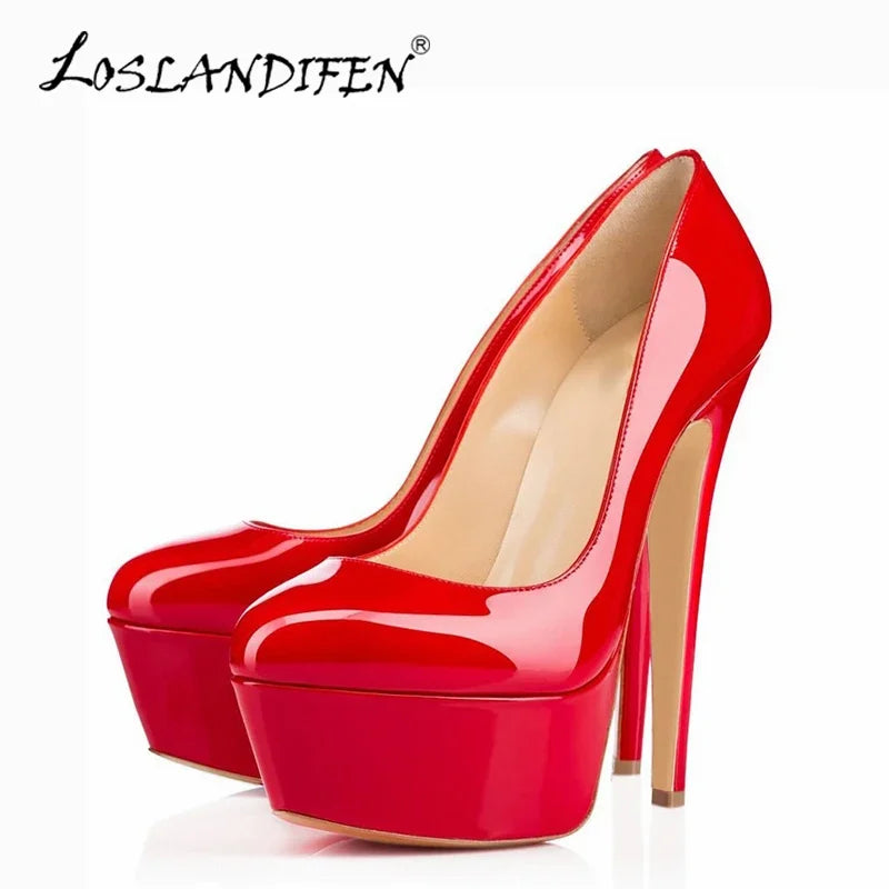 2025 Fashion Women Pumps 14cm Extremely Platform High Heels Sexy Patent Leather Red Black Wedding Party Shoes Stiletto Plus Size