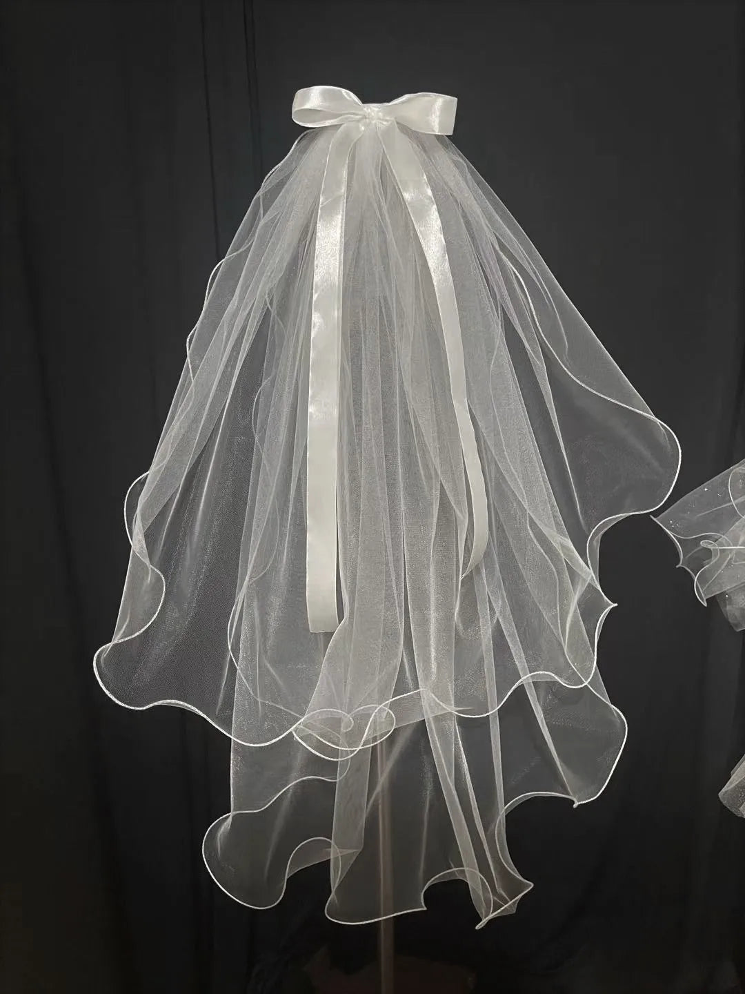 Short Wedding Veil With Comb Bow Pearls 2 Layers Simple Bridal Mariage Accessories 2024