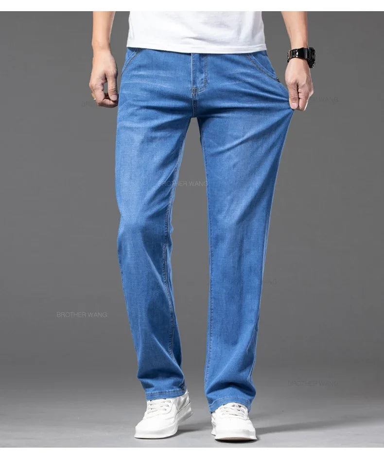 Summer Thin Men's Straight Jeans Classic Black Blue Stretch Casual Business Baggy Denim Pants Male Brand Trousers