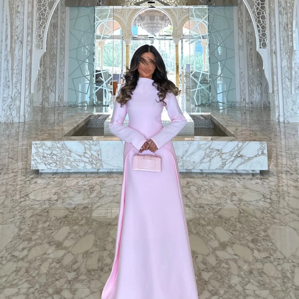 Bella Customized Pink A-line Satin High Neck robes de soirée Long Sleeves Side Slit Party Dresses Floor-Length Prom Dress 2025
