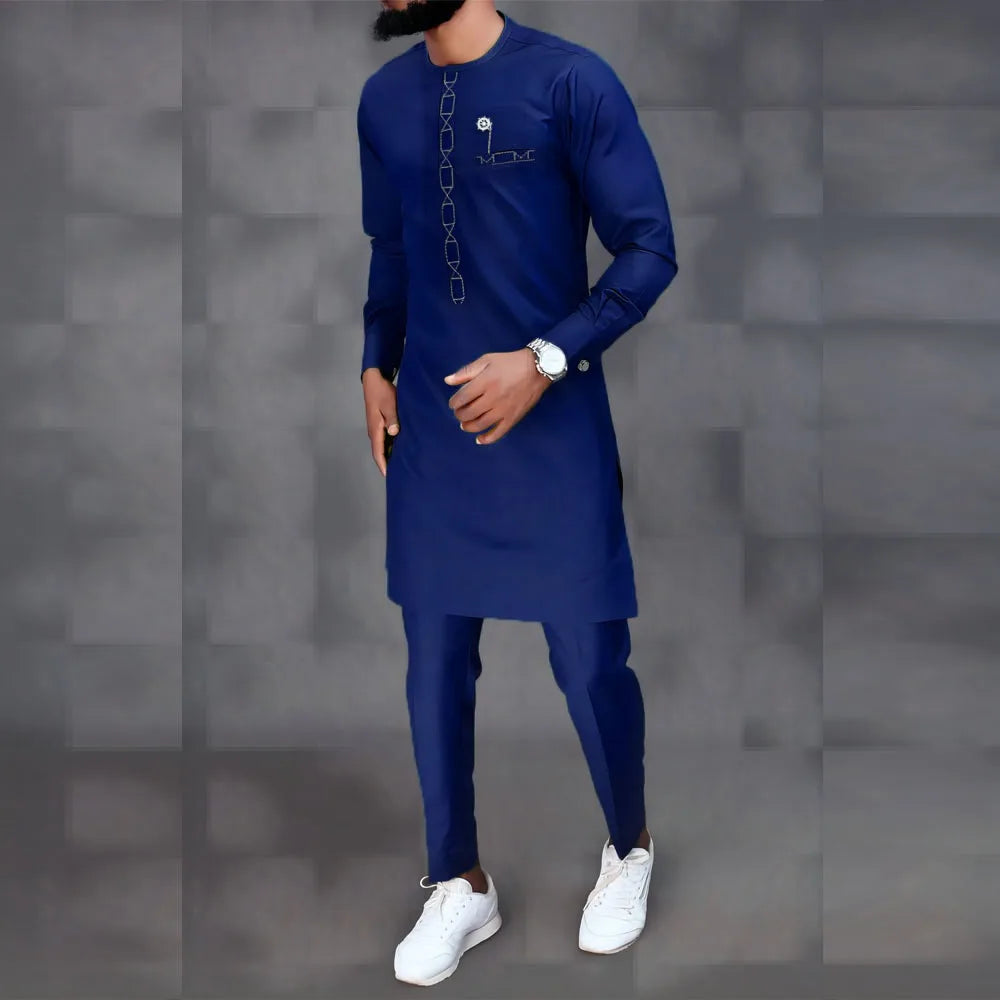 Kaunda Men's Suits Kaftan Outfits Round Neck Striped Print Long-sleeved African Ethnic Style Men's Sets Traditional Clothing