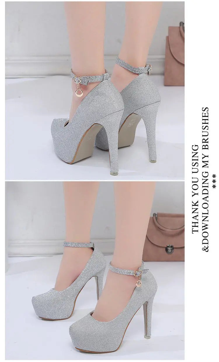 Fashion Wedding Shoes Women High Heels Women Pumps Bride Shoes Platform Super High Heel 12cm Black Silver