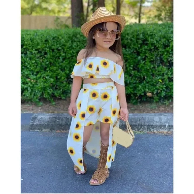 Kids Girls Clothing Sets Floral Print Off Shoulder Crop Top and Culotte Skirt Suits ( Not Include Hats, Bags,Glasses)