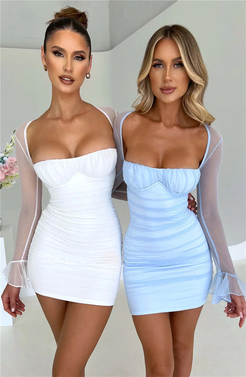 Mozision Elegant Backless Sexy Mini Dress For Women Robe Two Layer Mesh Full Sleeve Zipper Bodycon Party Short Dress Vestido