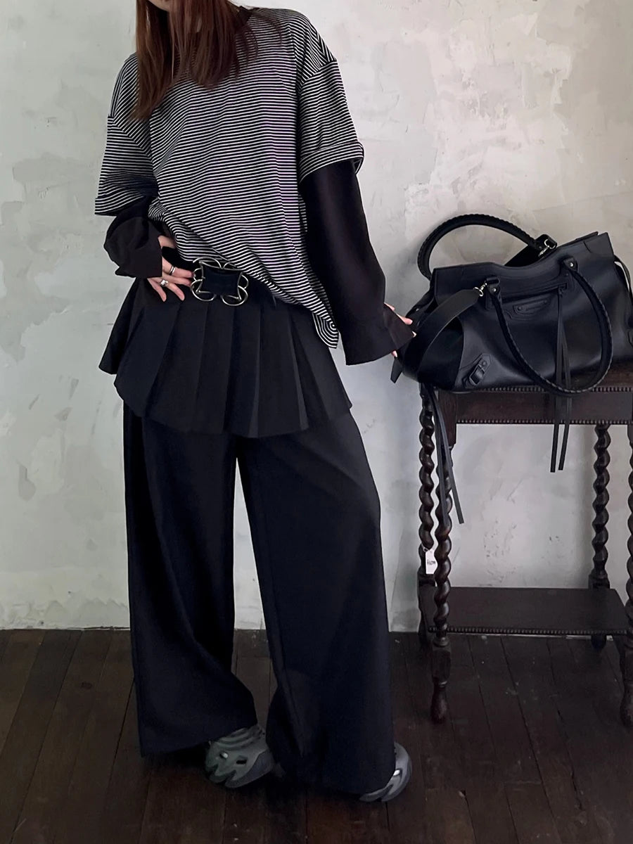 REDDACHiC Women's Pleated Skirt Overlay Suit Pants Work Casual Loose Cleanfit Black Plain Wide Leg Long Trousers Formal Clothes