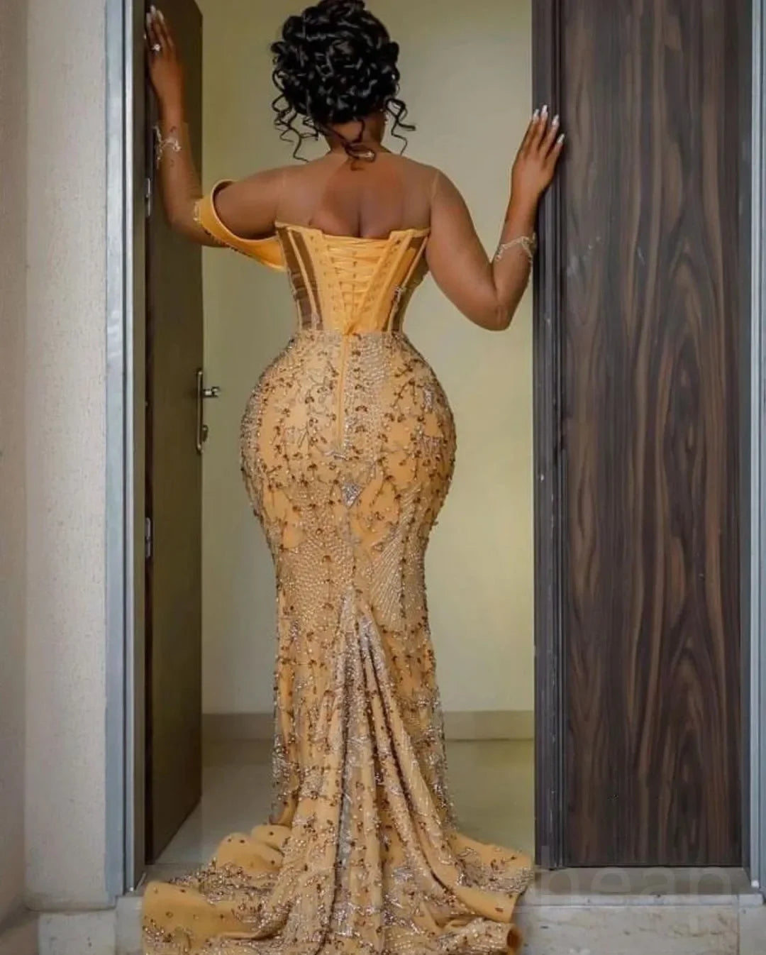 Customized Arabic Aso Ebi Gold Mermaid Prom Dresses Beaded Crystals Evening Formal Second Reception Birthday Engagement Gowns