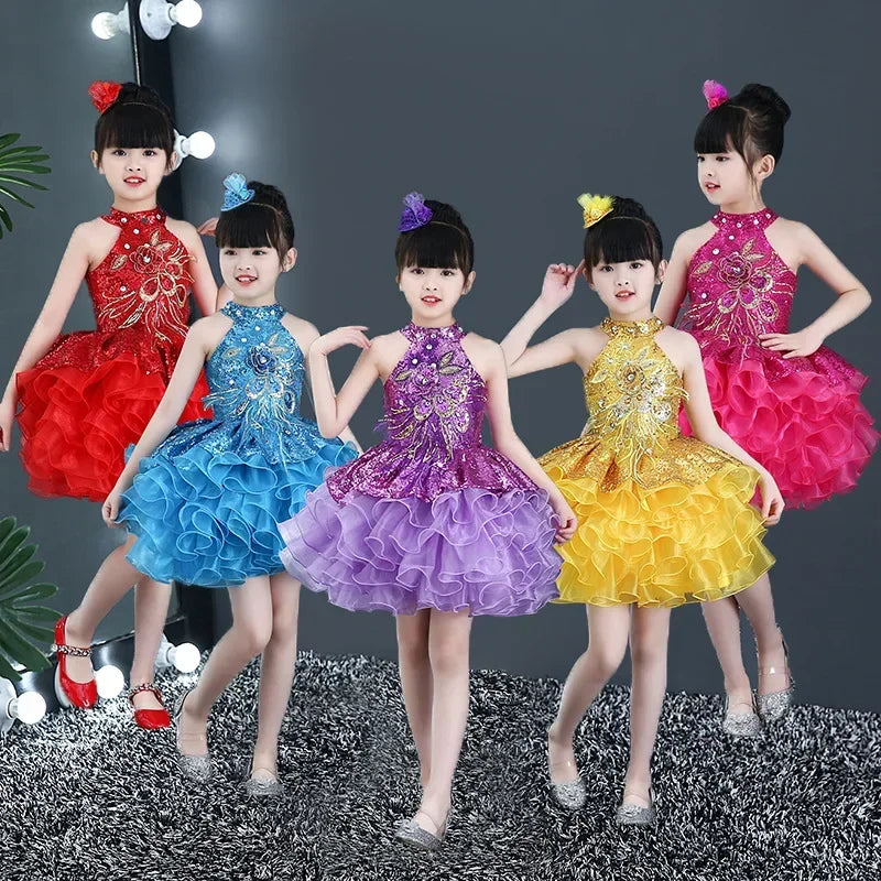 Summer Stage Princess Girls Casual Dresses Sequin Tutu Children Costume Robe Fille Party Baby Clothing Dance Kids Dress Vestidos