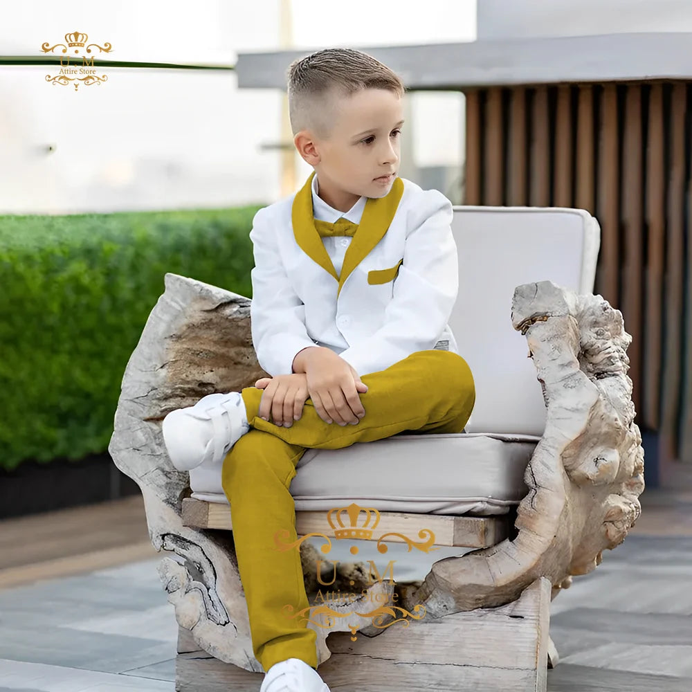 Boys' Linen Suit 2-piece set white Jacket Grey Pants Toddler first communion Outfit, pageboy formal set for wedding ring bearer