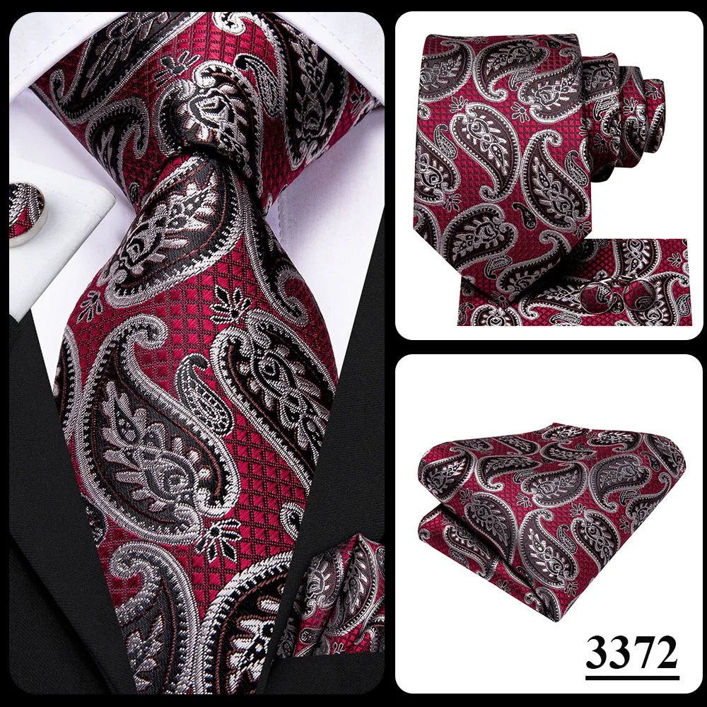 Hi-Tie Designer Red Burgundy Plaid Silk Wedding Tie For Men Handky Cufflink Gift Mens Necktie Fashion Business Party Dropshiping