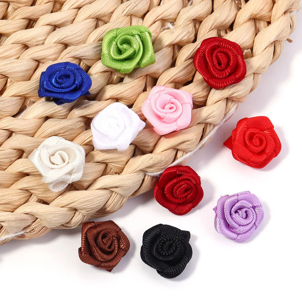 20Pcs/Lot Mini Handmade Rose Flower Satin Ribbon Rosettes Fabric Appliques For Wedding Decoration Craft Sewing Accessories