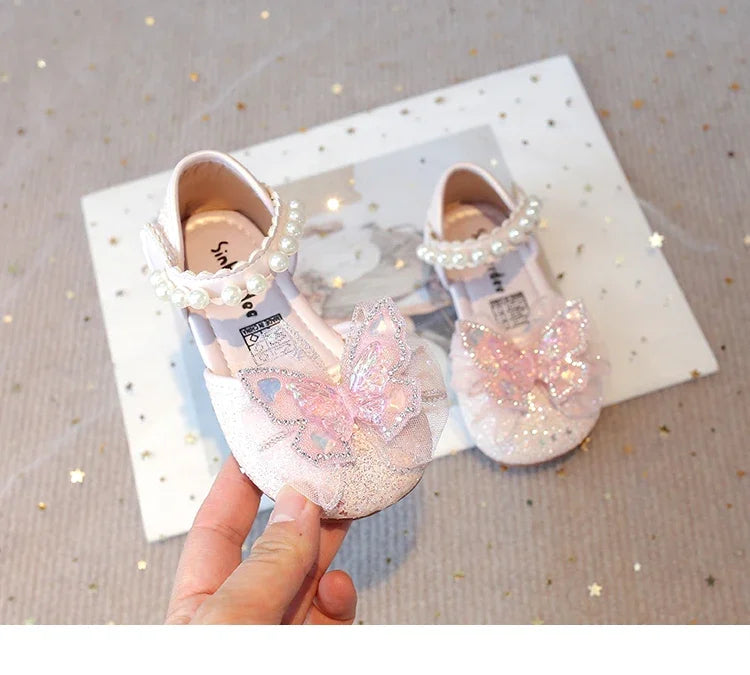Chic Girls Dress Shoes for Wedding Party Bling Sequins with Rhinestone Butterfly Sweet Princess Chic Kids Flat Shoes Lace Beaded