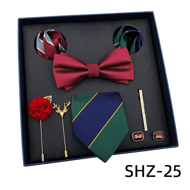Vintage Green Men's Tie Set Luxury Neck Ties For Wedding Gift Bowtie Handkerchief Cufflinks Tie Clip Brooch Set For Male Necktie