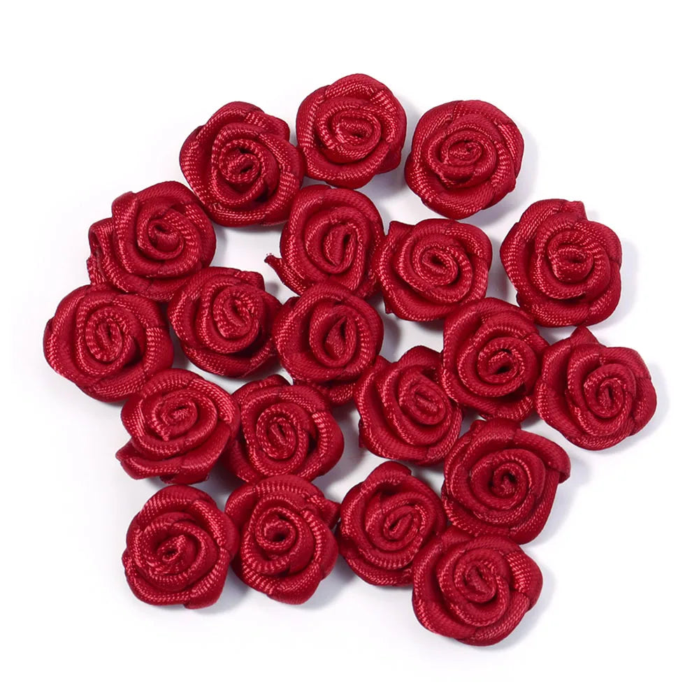 20Pcs/Lot Mini Handmade Rose Flower Satin Ribbon Rosettes Fabric Appliques For Wedding Decoration Craft Sewing Accessories
