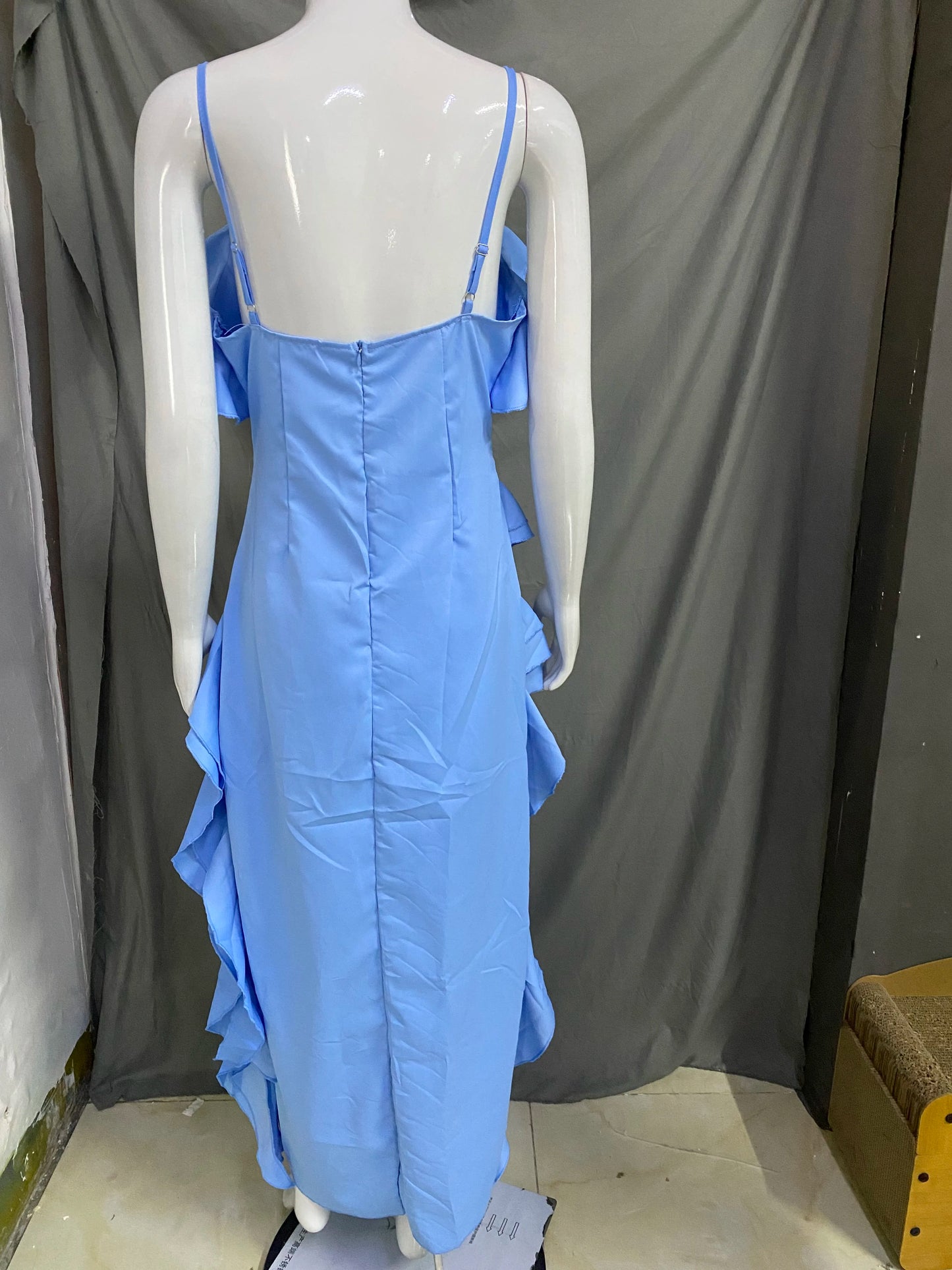 Women's dress solid color sexy suspender backless sleeveless irregular ruffle edge dress formal dress