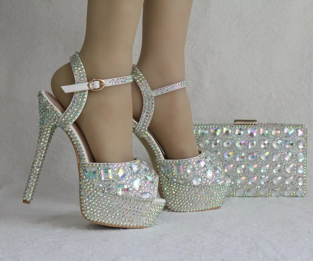 Fashion Diamond Wedding Shoes Ladies 14cm Heels Open-toed High-heeled Waterproof Platform Party Shoes Women