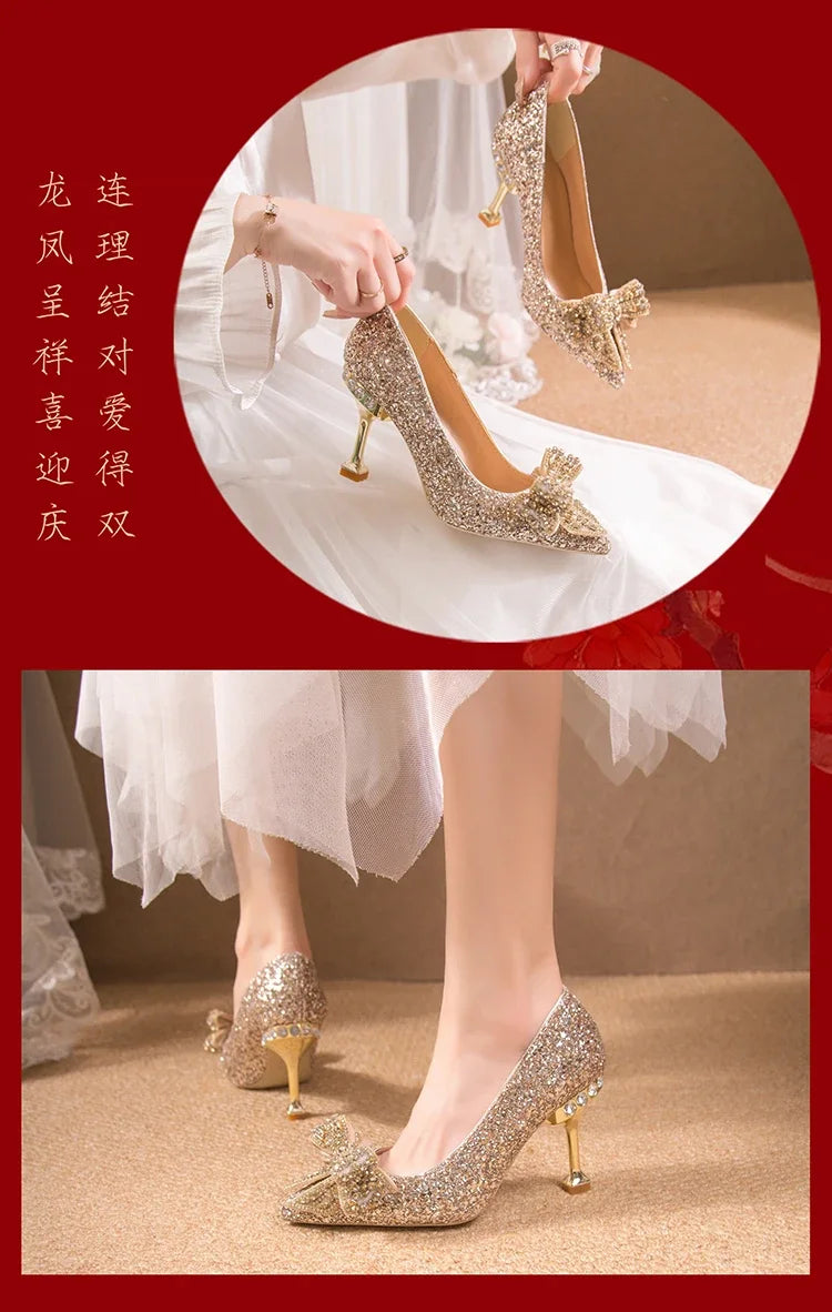 Women's Rhinestone Wedding Shoes New Year Shoes Luxury Buckle Decorative Banquet Women's Shoes High Heels Gold Silver Red