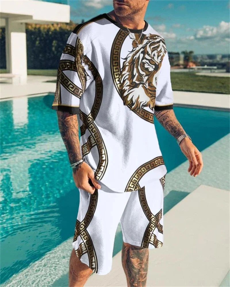 2025 New Men's Tracksuit Sets Short Sleeve T-Shirt Suit Casual Suit Sports Solid Color Streetwear Shorts 2 Piece Male Clothes