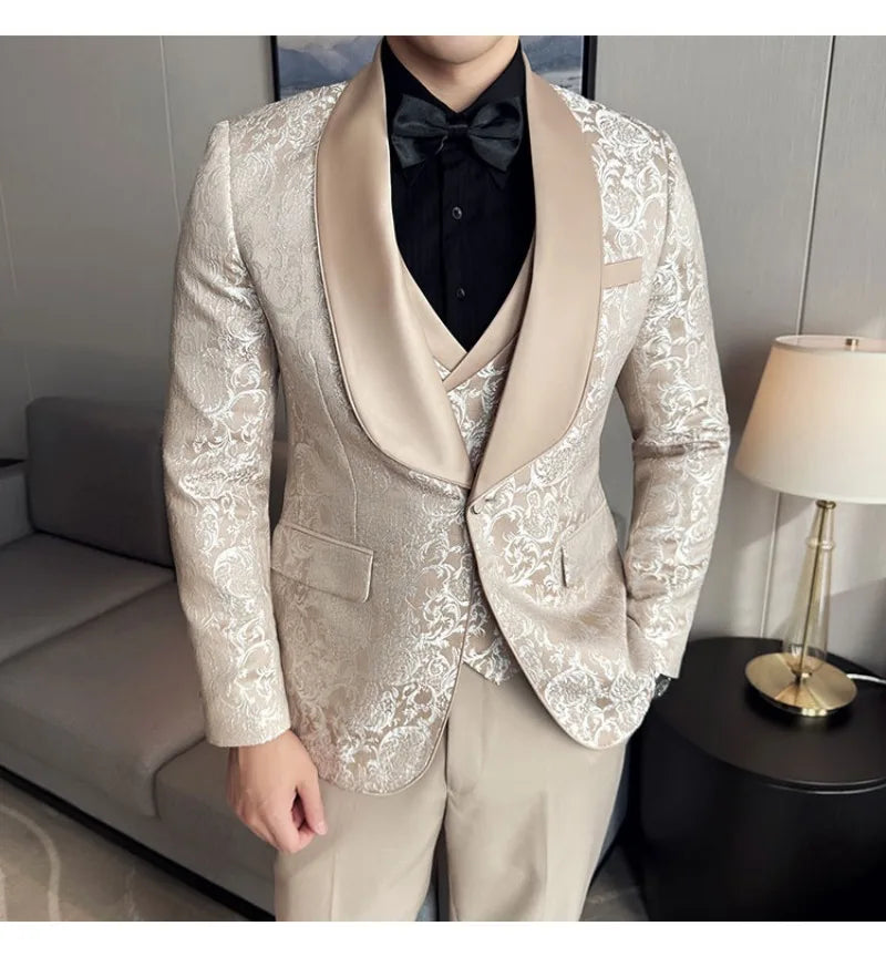 Spring 2025 Men's British Style Business Casual Three-Piece Suit Vest Trousers High-Density Jacquard Wedding Dress