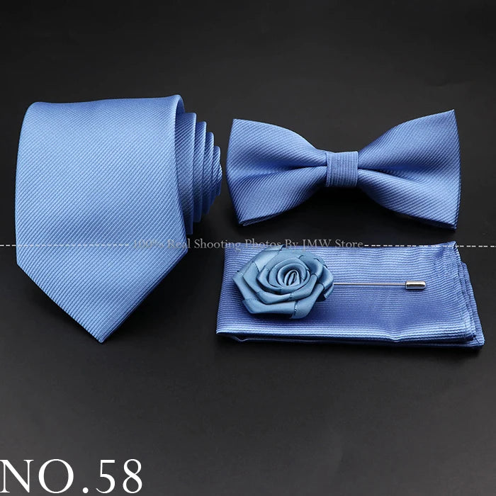 Hot Sale Red Blue Tie Set Polyester Slim Striped Necktie Bowtie Cufflink Brooch For Groom Suit Wedding Cravat Shirt Accessory