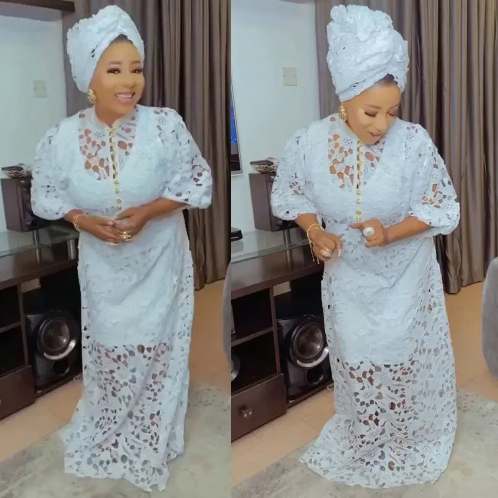 Lace Hollow Africa Dress African Dresses for Women African Clothes 2025 Dashiki Taditional Boubou Arabic Robe Femme Musulmane