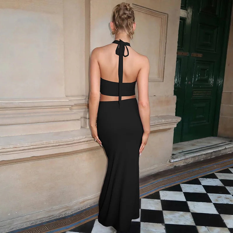 Mozision Elegant Summer 2 Piece Sets Women Metal Ring Crop Tops And Maxi Skirt Female Fashion Solid Lace-up Beach Two Piece Sets