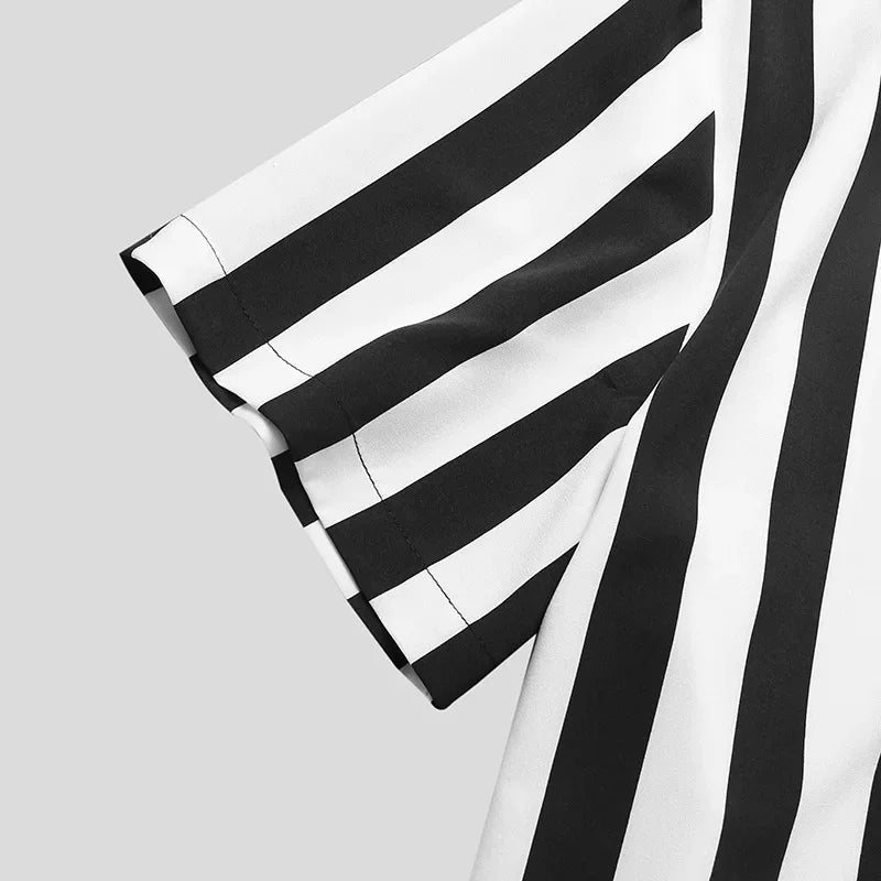 Summer casual new men's shirts, fashionable striped short-sleeved T-shirts, stand-up collar, versatile and trendy men's clothing