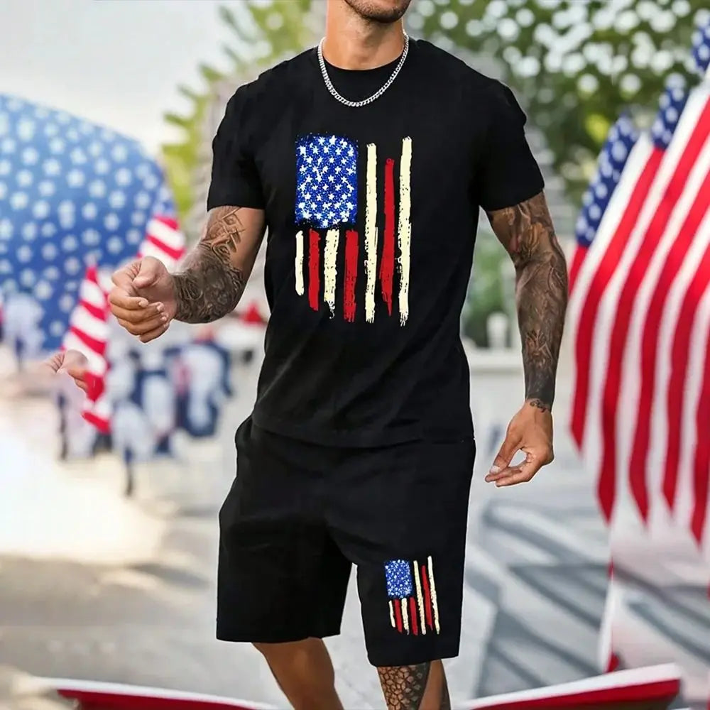Men's Outdoor Printed T-shirt Shorts 2-piece Set 3D Printed O-neck Fashionable Men's Casual Breathable and Comfortable Set