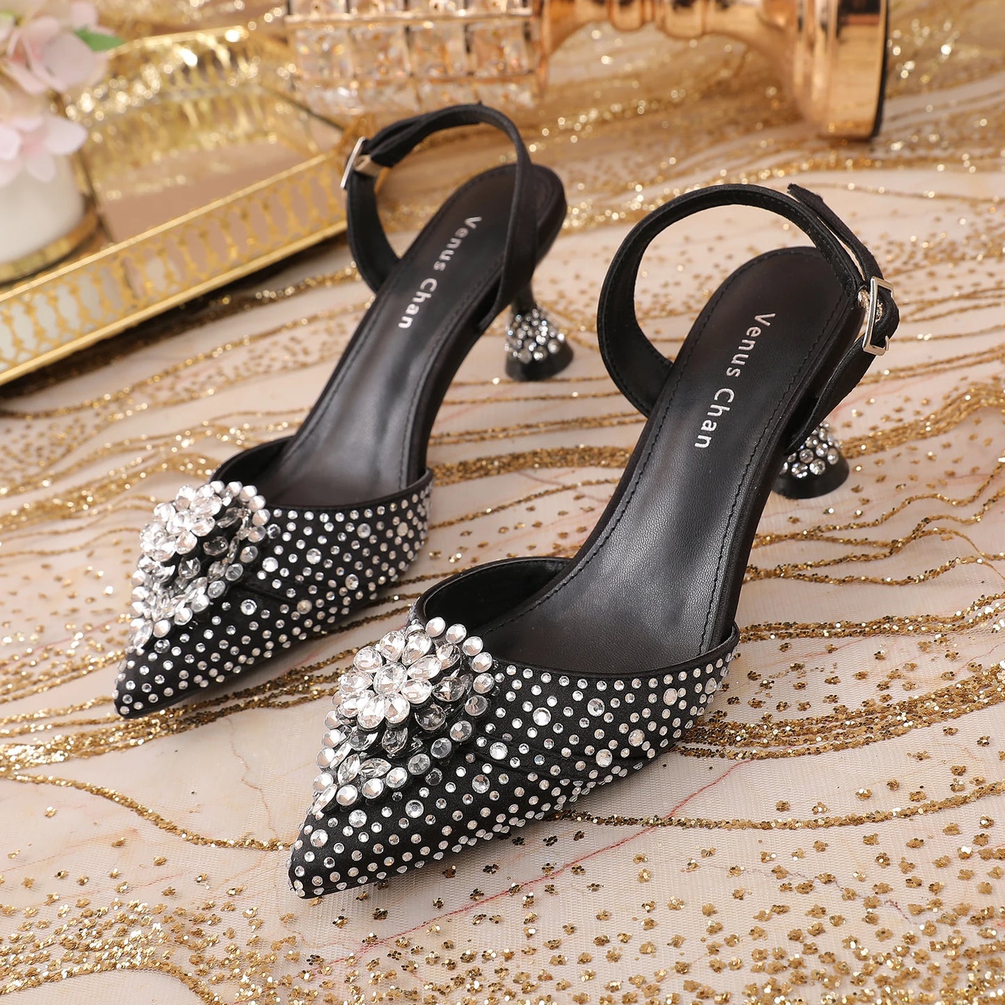 Luxury Elegant High Heels Royal Blue Color Diamond Embellished Pointed Toe Women's Shoes for Wedding Party Casual 2025 Style