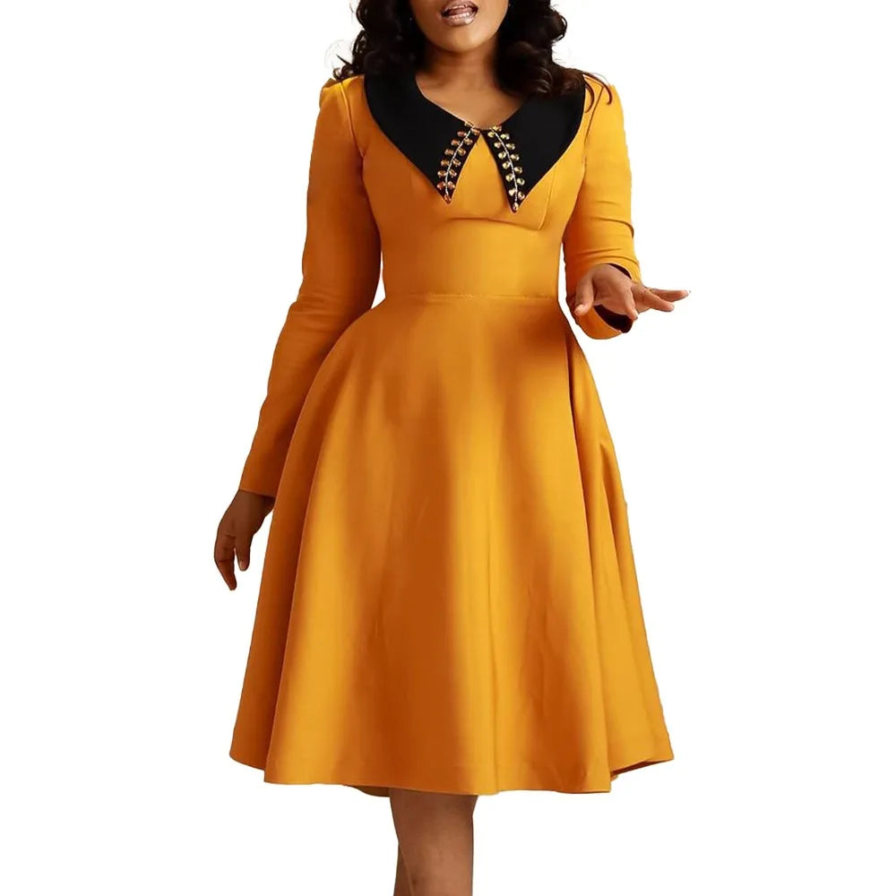 Fashionable Solid Color Women's Long-sleeved Lapel Elegant Slim and Large Sport African Dress