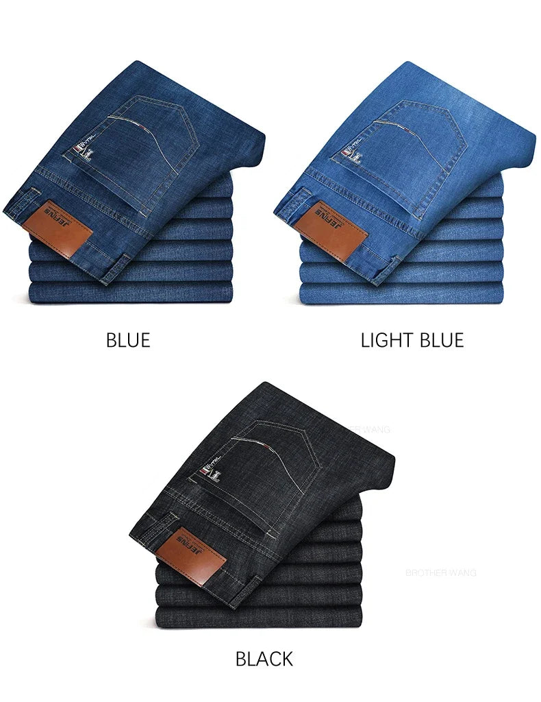 Summer Thin Men's Straight Jeans Classic Black Blue Stretch Casual Business Baggy Denim Pants Male Brand Trousers