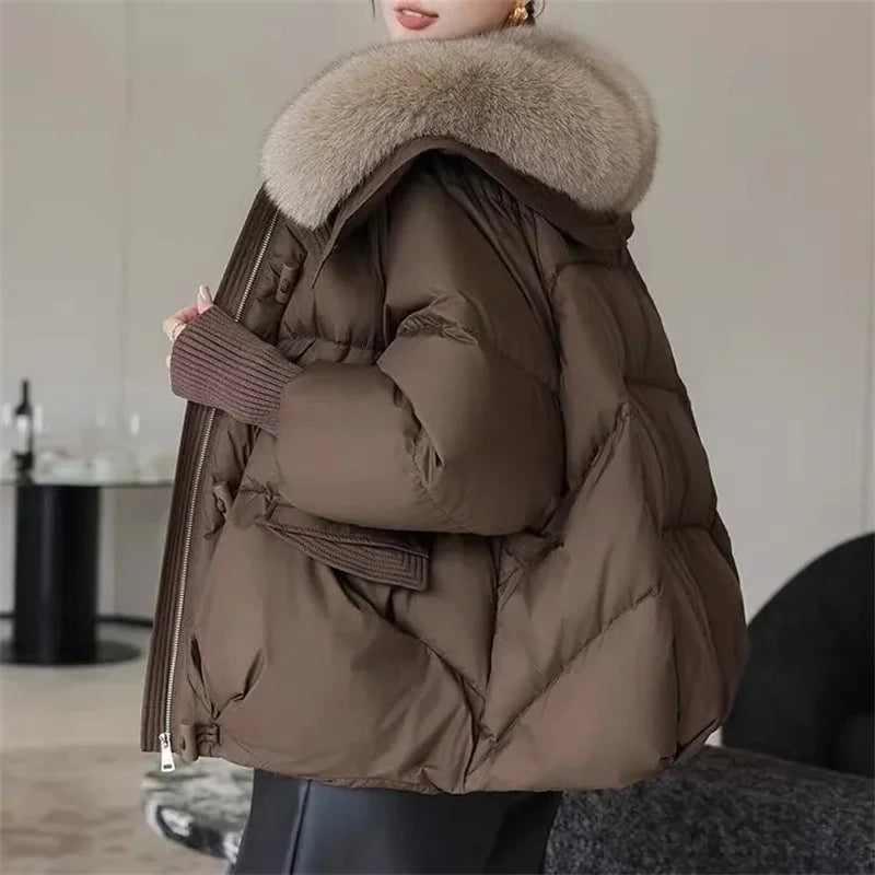 2025 Down Jacket Women Winter Coat New Fashion Warm Thick Short Loose Cotton Splicing Fur Collar Quilted Coat Women Clothing