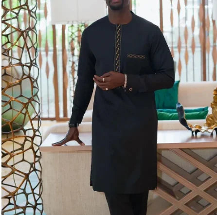 Kaunda Men's Suits Kaftan Outfits Round Neck Striped Print Long-sleeved African Ethnic Style Men's Sets Traditional Clothing