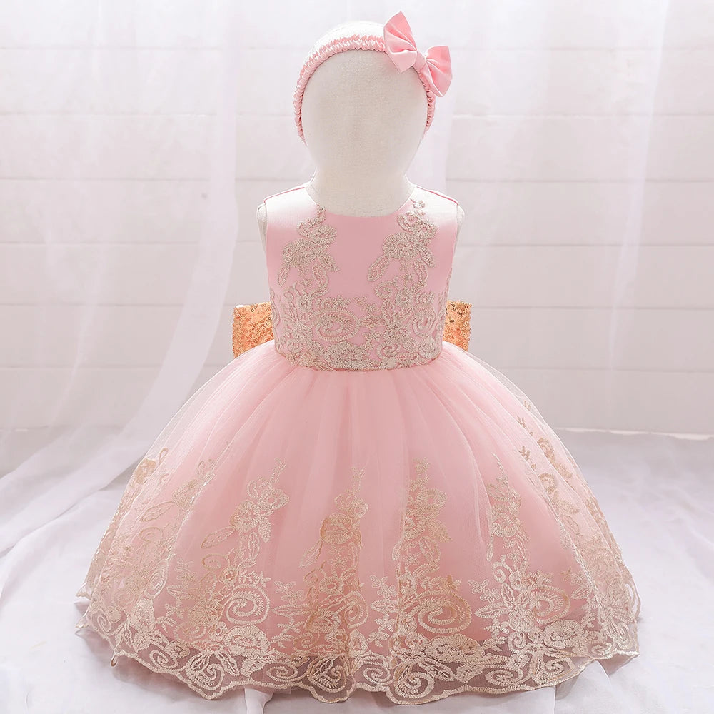 Gold Bow Flower Baby Dress for Girls Christmas Costumes 1st Birthday Party Princess Dresses Wedding Formal Evening Kids Clothing