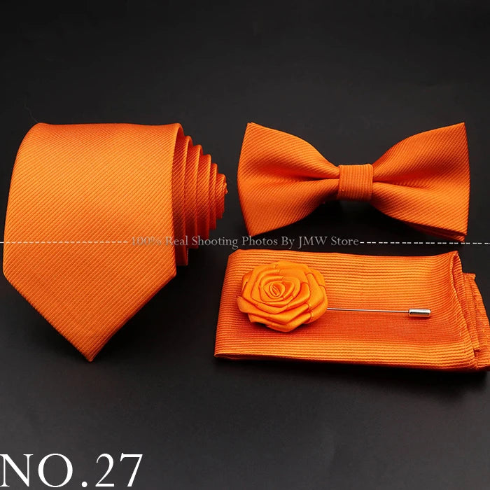 Hot Sale Red Blue Tie Set Polyester Slim Striped Necktie Bowtie Cufflink Brooch For Groom Suit Wedding Cravat Shirt Accessory