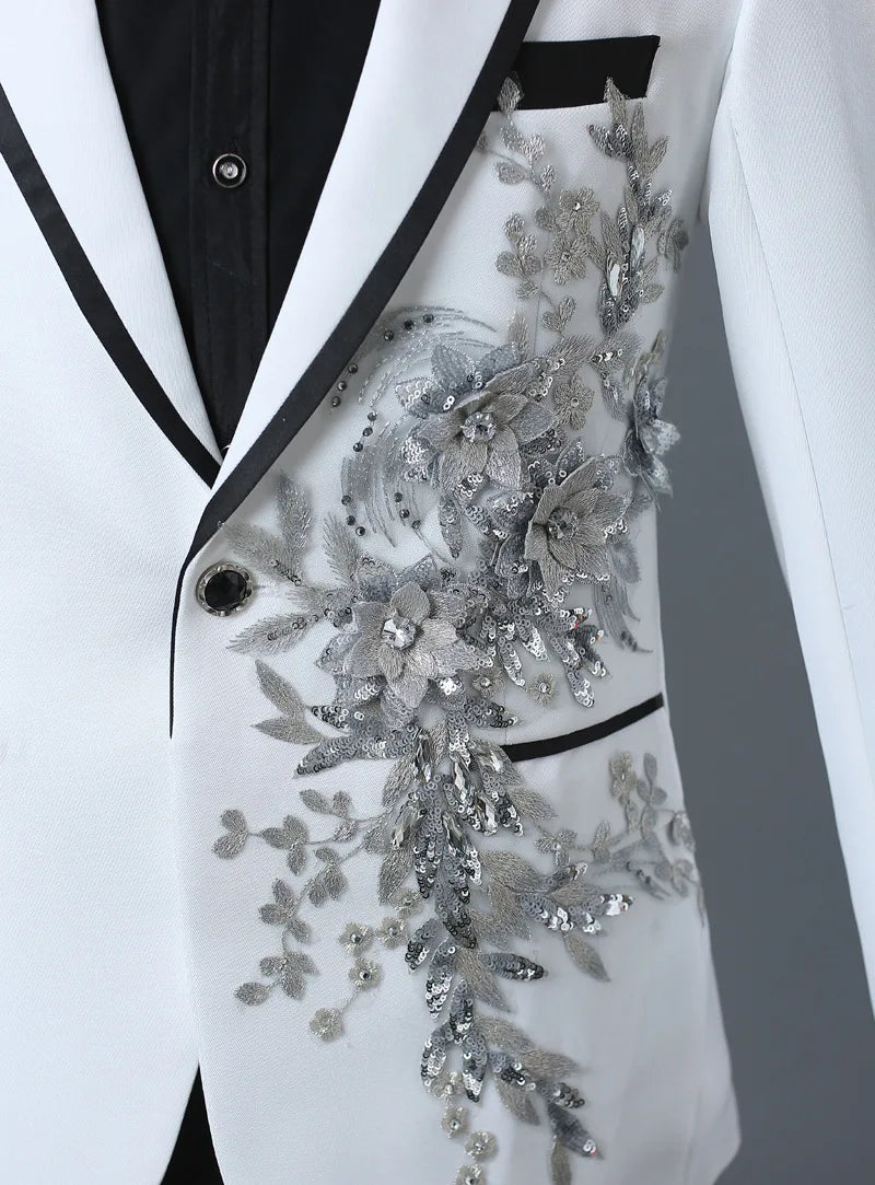 COLDKER Elegant Appliqued Mens Suits Slim Fit 2 Piece Formal Tuxedo Suits Blazer Pants with Bow Tie for Wedding Prom