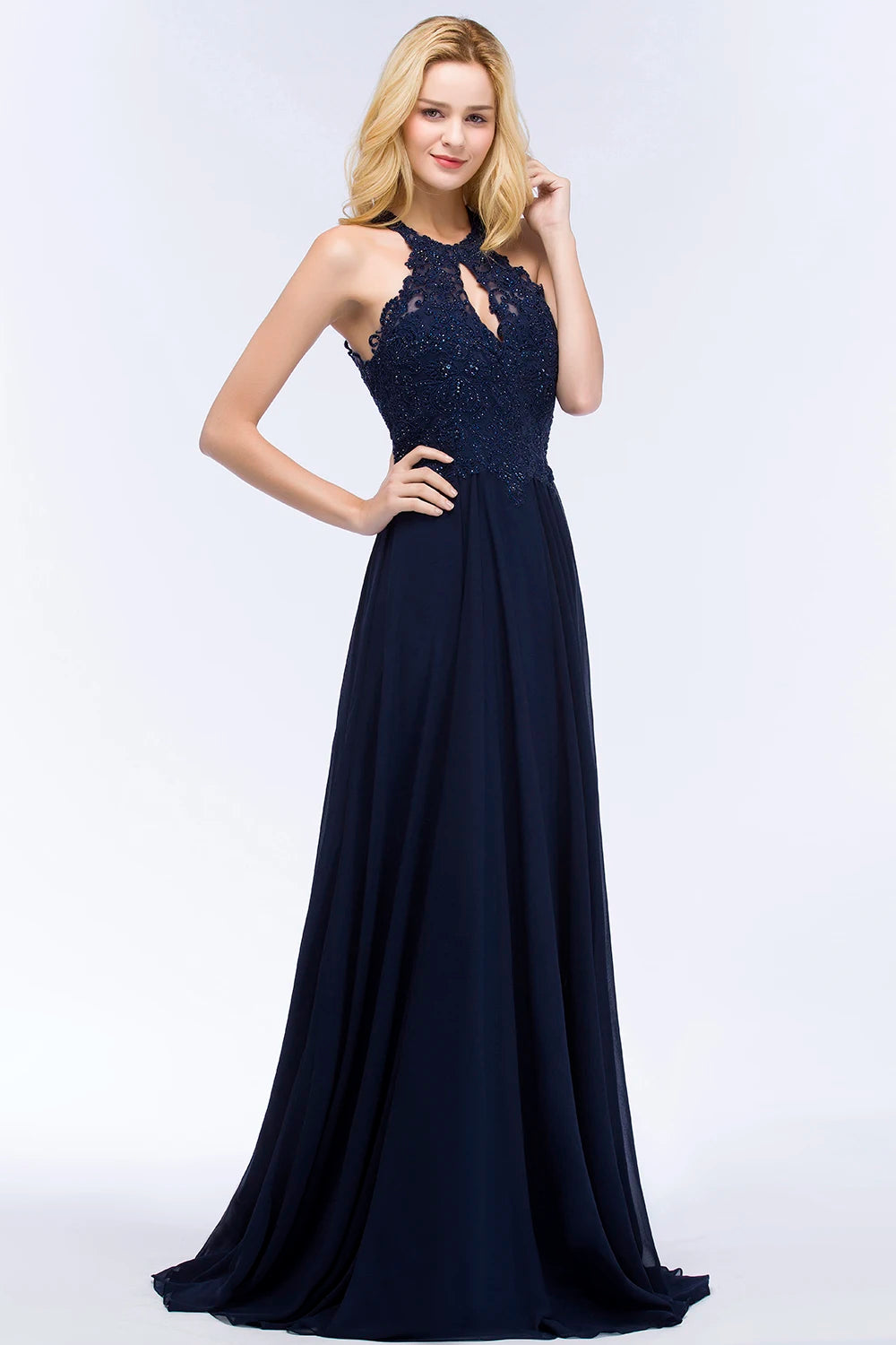 BABYONLINE Halter Neckline Lace Pearls Bodice Bridesmaid Dress Long Floor-length Skirt Chiffon Sexy Open Back Wedding Clothes
