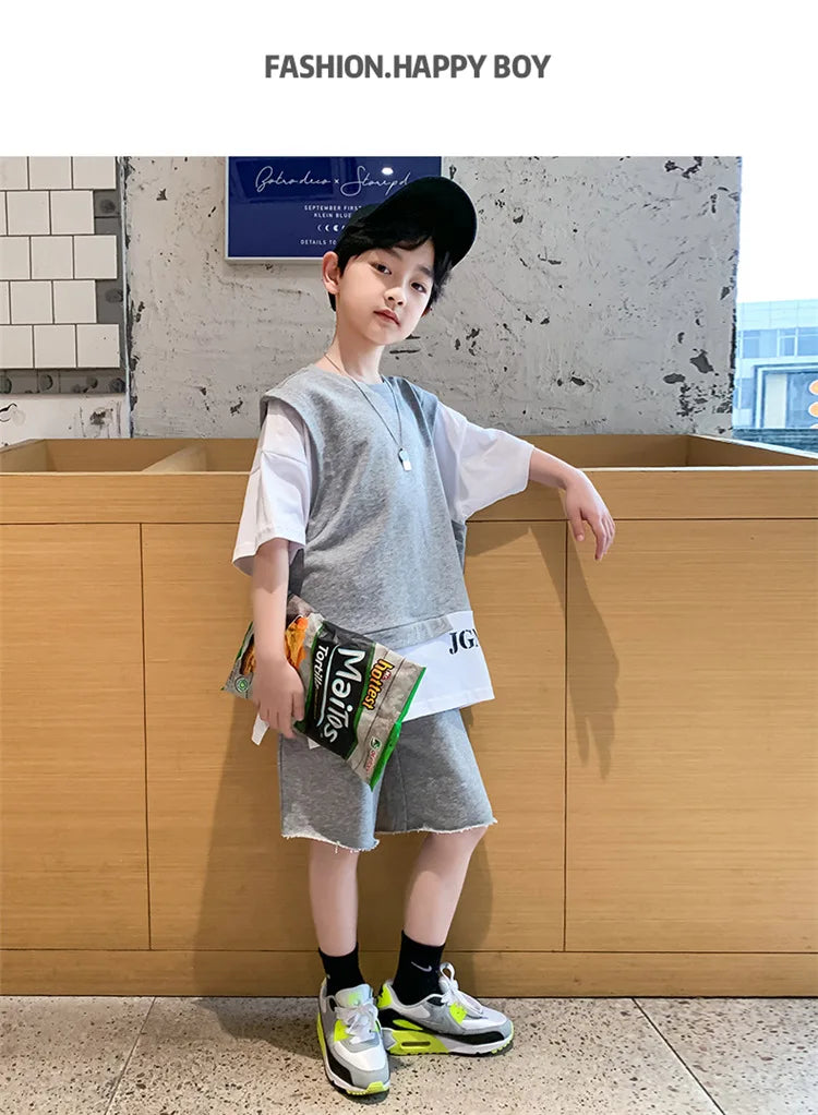 Summer Children Boy Clothes Set Kid Faux Two-piece Letterr Printed Tshirts and Shorts 2 Pieces Suit Teenage Top Bottom Outfits