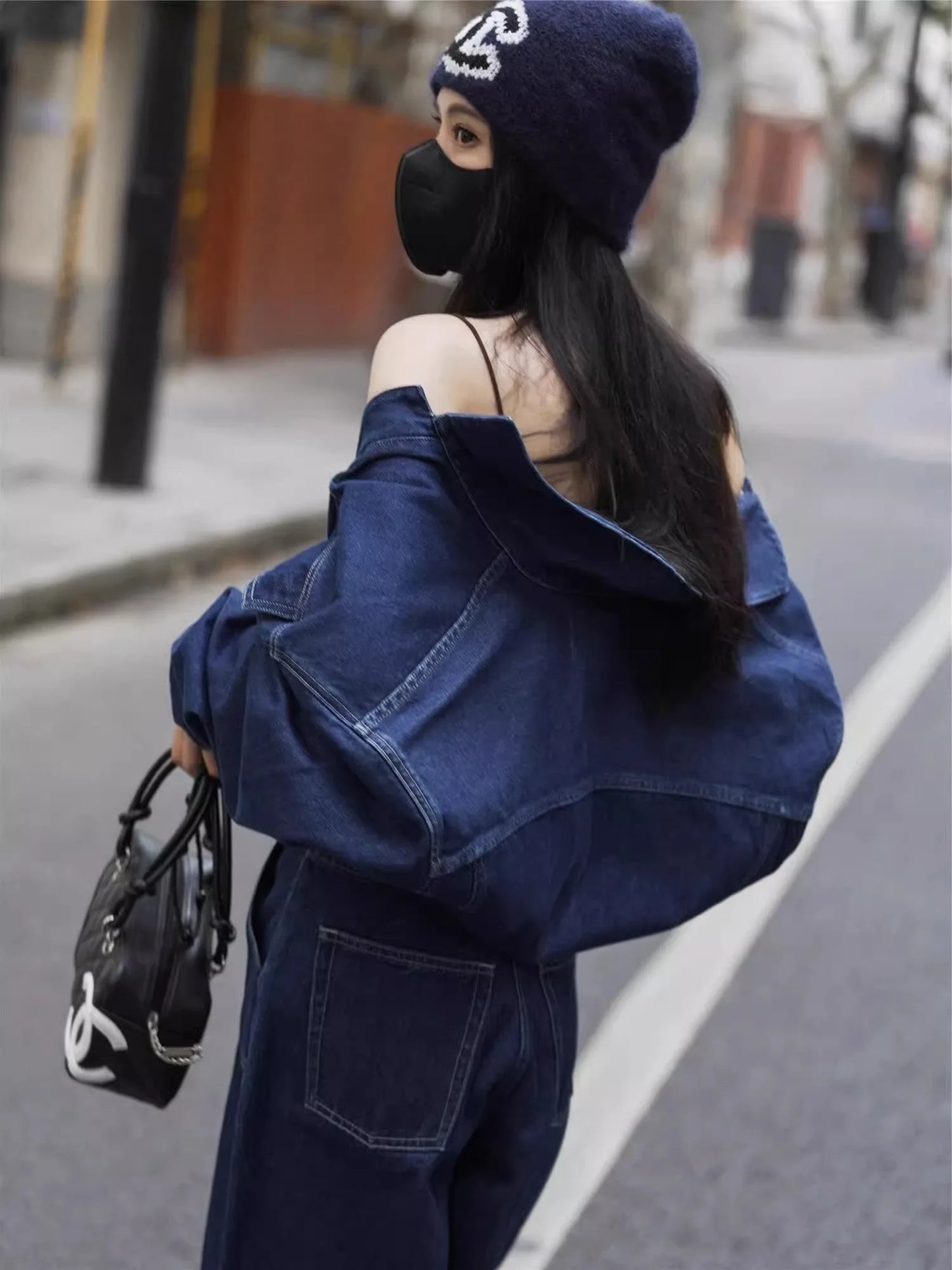 Blue Design Denim Jumpsuit Women'S Spring And Autumn Collar Fashionable Workwear Large Pocket Loose Pants