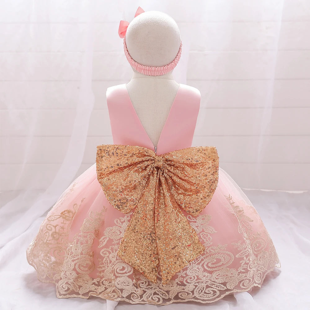 Gold Bow Flower Baby Dress for Girls Christmas Costumes 1st Birthday Party Princess Dresses Wedding Formal Evening Kids Clothing